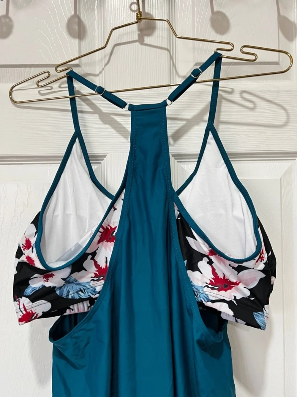 Swimsuit Tankini Top Teal Floral Built-In Bra Racer-Back Style Size XXL